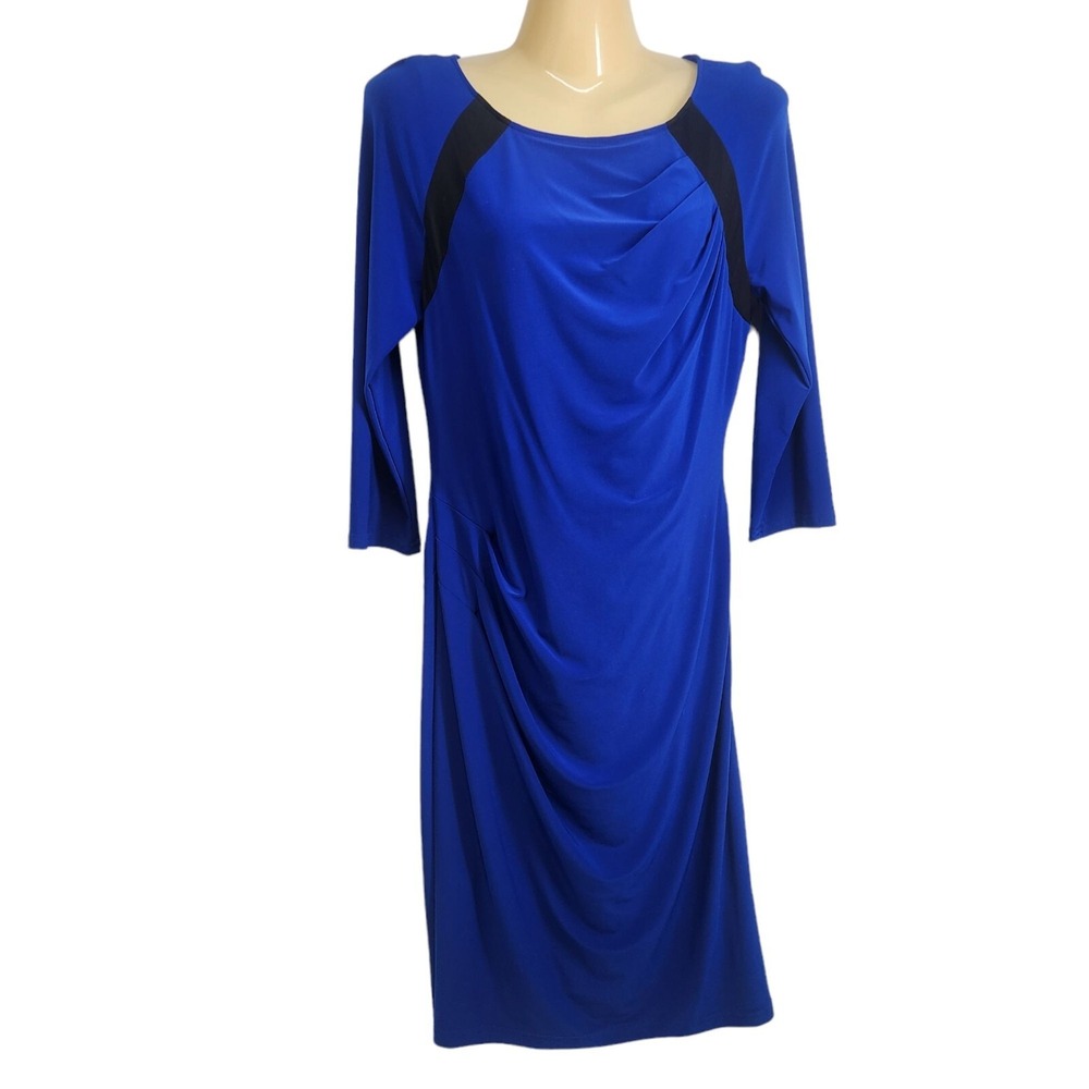 Adrianna Pappel Dress Womens 6 Blue Sheath Draped Front 3/4 Sleeve‎ Knee Length